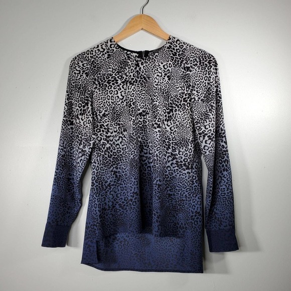 Vince Camuto Ombre Leopard Print High Low Long Sleeve Blouse Blue Size XS - Picture 10 of 11